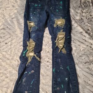 RUE21 distressed Street art Grafitti Spatter knee insert jeans 29/30